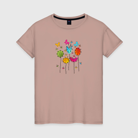 Женская футболка хлопок с принтом Бабочки над одуванчиками в Екатеринбурге, 100% хлопок | прямой крой, круглый вырез горловины, длина до линии бедер, слегка спущенное плечо | 