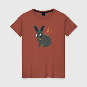 Женская футболка хлопок с принтом Черный кролик с китайским иероглифом символ 2023 в Тюмени, 100% хлопок | прямой крой, круглый вырез горловины, длина до линии бедер, слегка спущенное плечо | 