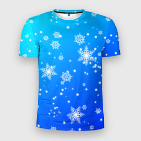 Мужская футболка 3D Slim с принтом Снежинки на голубом фоне в Кировске, 100% полиэстер с улучшенными характеристиками | приталенный силуэт, круглая горловина, широкие плечи, сужается к линии бедра | 