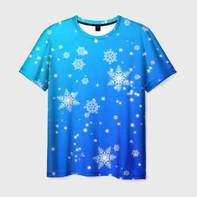 Мужская футболка 3D с принтом Снежинки на голубом фоне в Кировске, 100% полиэфир | прямой крой, круглый вырез горловины, длина до линии бедер | 