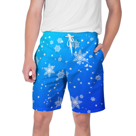 Мужские шорты 3D с принтом Снежинки на голубом фоне в Кировске,  полиэстер 100% | прямой крой, два кармана без застежек по бокам. Мягкая трикотажная резинка на поясе, внутри которой широкие завязки. Длина чуть выше колен | 