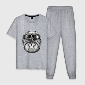 Мужская пижама хлопок с принтом Biker manul в Петрозаводске, 100% хлопок | брюки и футболка прямого кроя, без карманов, на брюках мягкая резинка на поясе и по низу штанин
 | 