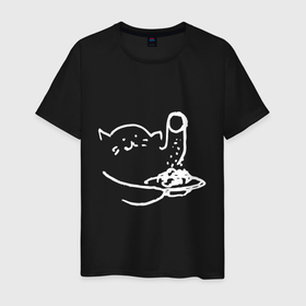 Мужская футболка хлопок с принтом Котик солит макароны в Курске, 100% хлопок | прямой крой, круглый вырез горловины, длина до линии бедер, слегка спущенное плечо. | 
