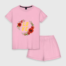 Женская пижама с шортиками хлопок с принтом Love маки flowers в Тюмени, 100% хлопок | футболка прямого кроя, шорты свободные с широкой мягкой резинкой | 