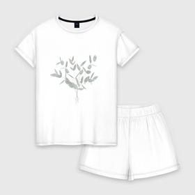 Женская пижама с шортиками хлопок с принтом Ветви эвкалипта в Белгороде, 100% хлопок | футболка прямого кроя, шорты свободные с широкой мягкой резинкой | 