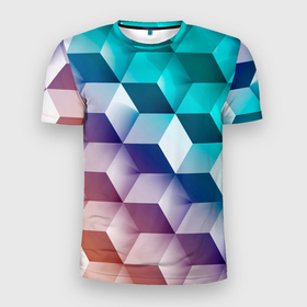 Мужская футболка 3D Slim с принтом Объёмные разноцветные кубы в Петрозаводске, 100% полиэстер с улучшенными характеристиками | приталенный силуэт, круглая горловина, широкие плечи, сужается к линии бедра | 