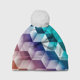 Шапка 3D c помпоном с принтом Объёмные разноцветные кубы в Тюмени, 100% полиэстер | универсальный размер, печать по всей поверхности изделия | 
