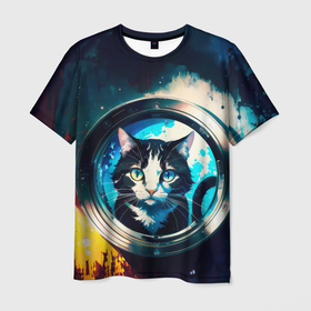 Мужская футболка 3D с принтом Нейросеть   кот в иллюминаторе в Петрозаводске, 100% полиэфир | прямой крой, круглый вырез горловины, длина до линии бедер | 