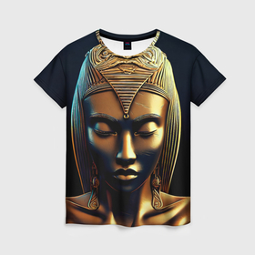 Женская футболка 3D с принтом Нейросеть   золотая статуя египетской царицы в Санкт-Петербурге, 100% полиэфир ( синтетическое хлопкоподобное полотно) | прямой крой, круглый вырез горловины, длина до линии бедер | 