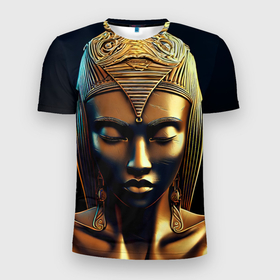 Мужская футболка 3D Slim с принтом Нейросеть   золотая статуя египетской царицы в Кировске, 100% полиэстер с улучшенными характеристиками | приталенный силуэт, круглая горловина, широкие плечи, сужается к линии бедра | 
