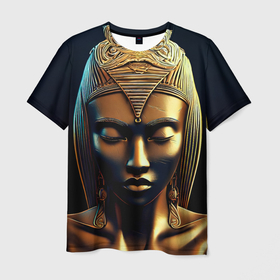 Мужская футболка 3D с принтом Нейросеть   золотая статуя египетской царицы , 100% полиэфир | прямой крой, круглый вырез горловины, длина до линии бедер | 
