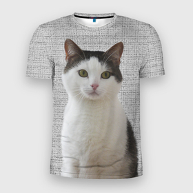 Мужская футболка 3D Slim с принтом Задумчивый котик в Петрозаводске, 100% полиэстер с улучшенными характеристиками | приталенный силуэт, круглая горловина, широкие плечи, сужается к линии бедра | Тематика изображения на принте: 