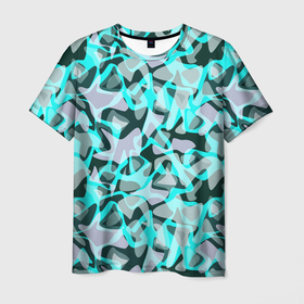 Мужская футболка 3D с принтом Пятнистый абстрактный узор серый с бирюзовыми линиями в Новосибирске, 100% полиэфир | прямой крой, круглый вырез горловины, длина до линии бедер | 