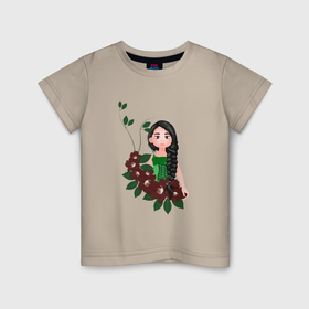 Детская футболка хлопок с принтом Лесная фея среди бардовых цветов в Тюмени, 100% хлопок | круглый вырез горловины, полуприлегающий силуэт, длина до линии бедер | Тематика изображения на принте: 