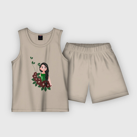 Детская пижама с шортами хлопок с принтом Лесная фея среди бардовых цветов ,  |  | Тематика изображения на принте: 