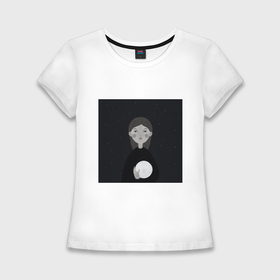 Женская футболка хлопок Slim с принтом Девочка с луной в руке на фоне звёздного неба в Екатеринбурге,  |  | Тематика изображения на принте: 