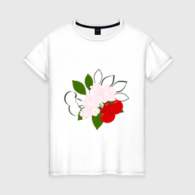 Женская футболка хлопок с принтом Вишня, ягоды, цветы и веточки в Санкт-Петербурге, 100% хлопок | прямой крой, круглый вырез горловины, длина до линии бедер, слегка спущенное плечо | 
