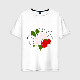 Женская футболка хлопок Oversize с принтом Вишня, ягоды, цветы и веточки в Петрозаводске, 100% хлопок | свободный крой, круглый ворот, спущенный рукав, длина до линии бедер
 | 