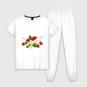 Женская пижама хлопок с принтом Свежие ягоды земляники в Екатеринбурге, 100% хлопок | брюки и футболка прямого кроя, без карманов, на брюках мягкая резинка на поясе и по низу штанин | 