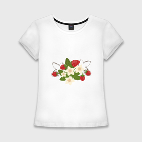 Женская футболка хлопок Slim с принтом Свежие ягоды земляники в Екатеринбурге,  |  | 