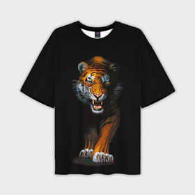Мужская футболка OVERSIZE 3D с принтом Тигр крадется в темноте в Тюмени,  |  | 