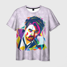 Мужская футболка 3D с принтом Геометрический портрет Джонни Деппа в Петрозаводске, 100% полиэфир | прямой крой, круглый вырез горловины, длина до линии бедер | Тематика изображения на принте: 