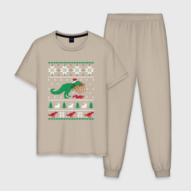 Мужская пижама хлопок с принтом Новогодний тирекс   ugly sweater в Тюмени, 100% хлопок | брюки и футболка прямого кроя, без карманов, на брюках мягкая резинка на поясе и по низу штанин
 | 