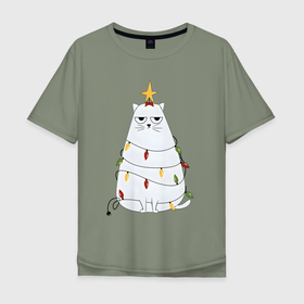 Мужская футболка хлопок Oversize с принтом Кот ёлка в Екатеринбурге, 100% хлопок | свободный крой, круглый ворот, “спинка” длиннее передней части | Тематика изображения на принте: 