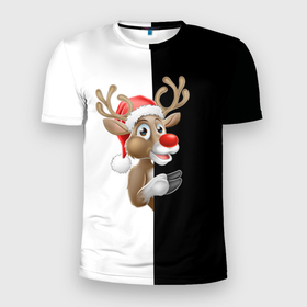 Мужская футболка 3D Slim с принтом Весёлый новогодний оленёнок в Новосибирске, 100% полиэстер с улучшенными характеристиками | приталенный силуэт, круглая горловина, широкие плечи, сужается к линии бедра | Тематика изображения на принте: 