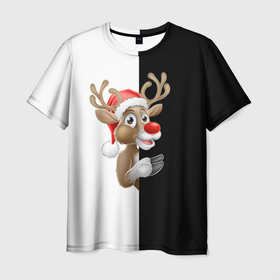 Мужская футболка 3D с принтом Весёлый новогодний оленёнок , 100% полиэфир | прямой крой, круглый вырез горловины, длина до линии бедер | Тематика изображения на принте: 