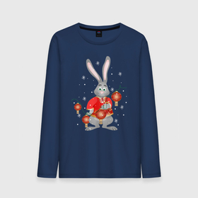 Мужской лонгслив хлопок с принтом Черный водяной кролик с китайскими фонариками и снежинками в Екатеринбурге, 100% хлопок |  | Тематика изображения на принте: 