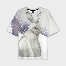 Мужская футболка OVERSIZE 3D с принтом Милый кролик на снегу в Кировске,  |  | Тематика изображения на принте: 