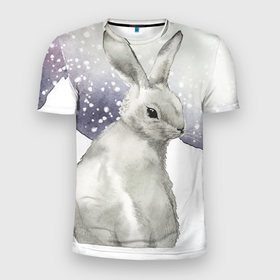 Мужская футболка 3D Slim с принтом Милый кролик на снегу в Кировске, 100% полиэстер с улучшенными характеристиками | приталенный силуэт, круглая горловина, широкие плечи, сужается к линии бедра | Тематика изображения на принте: 