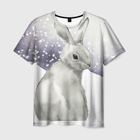 Мужская футболка 3D с принтом Милый кролик на снегу в Кировске, 100% полиэфир | прямой крой, круглый вырез горловины, длина до линии бедер | Тематика изображения на принте: 