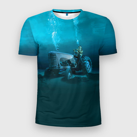 Мужская футболка 3D Slim с принтом Аквалангист тракторист на дне океана в Кировске, 100% полиэстер с улучшенными характеристиками | приталенный силуэт, круглая горловина, широкие плечи, сужается к линии бедра | Тематика изображения на принте: 