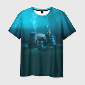 Мужская футболка 3D с принтом Аквалангист тракторист на дне океана , 100% полиэфир | прямой крой, круглый вырез горловины, длина до линии бедер | 