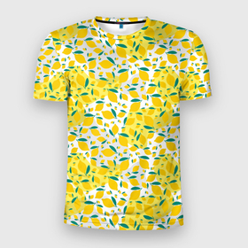 Мужская футболка 3D Slim с принтом Желтые лимоны паттерн в Кировске, 100% полиэстер с улучшенными характеристиками | приталенный силуэт, круглая горловина, широкие плечи, сужается к линии бедра | 