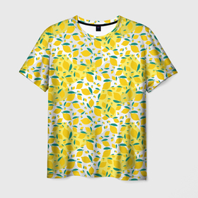 Мужская футболка 3D с принтом Желтые лимоны паттерн , 100% полиэфир | прямой крой, круглый вырез горловины, длина до линии бедер | Тематика изображения на принте: 