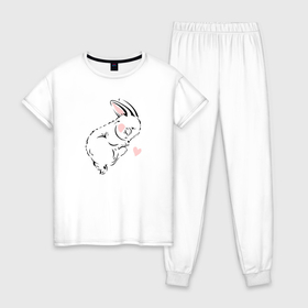 Женская пижама хлопок с принтом Милый спящий зайчик с сердцем рисунок в Рязани, 100% хлопок | брюки и футболка прямого кроя, без карманов, на брюках мягкая резинка на поясе и по низу штанин | 