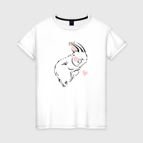 Женская футболка хлопок с принтом Милый спящий зайчик с сердцем рисунок в Екатеринбурге, 100% хлопок | прямой крой, круглый вырез горловины, длина до линии бедер, слегка спущенное плечо | 