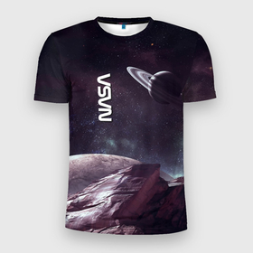 Мужская футболка 3D Slim с принтом Космический пейзаж   Saturn   Nasa в Тюмени, 100% полиэстер с улучшенными характеристиками | приталенный силуэт, круглая горловина, широкие плечи, сужается к линии бедра | 