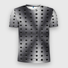 Мужская футболка 3D Slim с принтом Текстура перфорированного металла в Новосибирске, 100% полиэстер с улучшенными характеристиками | приталенный силуэт, круглая горловина, широкие плечи, сужается к линии бедра | Тематика изображения на принте: 