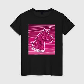 Женская футболка хлопок с принтом Розовый единорог с блестками существует в Екатеринбурге, 100% хлопок | прямой крой, круглый вырез горловины, длина до линии бедер, слегка спущенное плечо | 