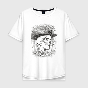 Мужская футболка хлопок Oversize с принтом Череп в шляпе с перьями в Кировске, 100% хлопок | свободный крой, круглый ворот, “спинка” длиннее передней части | 