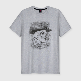 Мужская футболка хлопок Slim с принтом Череп в шляпе с перьями в Кировске, 92% хлопок, 8% лайкра | приталенный силуэт, круглый вырез ворота, длина до линии бедра, короткий рукав | 