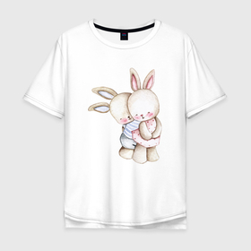 Мужская футболка хлопок Oversize с принтом милые зайчата обнимаются в Белгороде, 100% хлопок | свободный крой, круглый ворот, “спинка” длиннее передней части | Тематика изображения на принте: 
