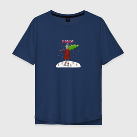 Мужская футболка хлопок Oversize с принтом Кролик с ёлкой в лесу в Курске, 100% хлопок | свободный крой, круглый ворот, “спинка” длиннее передней части | 