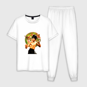 Мужская пижама хлопок с принтом Bruce Lee kung fu в Тюмени, 100% хлопок | брюки и футболка прямого кроя, без карманов, на брюках мягкая резинка на поясе и по низу штанин
 | 
