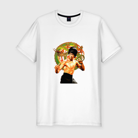Мужская футболка хлопок Slim с принтом Bruce Lee kung fu в Тюмени, 92% хлопок, 8% лайкра | приталенный силуэт, круглый вырез ворота, длина до линии бедра, короткий рукав | 