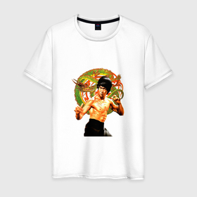 Мужская футболка хлопок с принтом Bruce Lee kung fu в Петрозаводске, 100% хлопок | прямой крой, круглый вырез горловины, длина до линии бедер, слегка спущенное плечо. | 